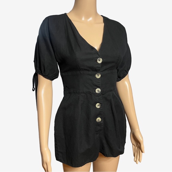 Urban Outfitters Linen Romper Black XS | Button Front - Picture 2 of 9